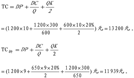 计算经济批量600时的库存总成本TC和折扣量650时的总成本TC折进行比较